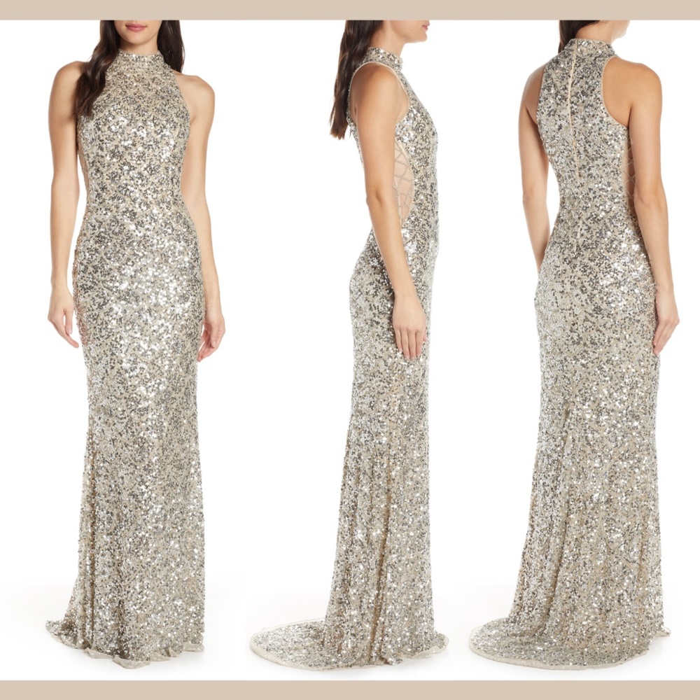 NEW $498 Mac Duggal Mock Neck Sequin Column Gown 6